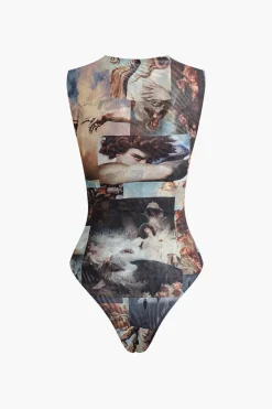 MICAS Bodysuits-Renaissance Print Sleeveless Mesh Bodysuit MULTICOLOR