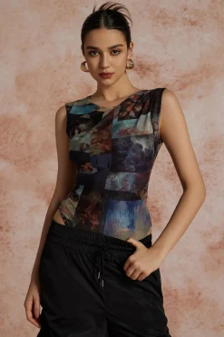 MICAS Bodysuits-Renaissance Print Sleeveless Mesh Bodysuit MULTICOLOR