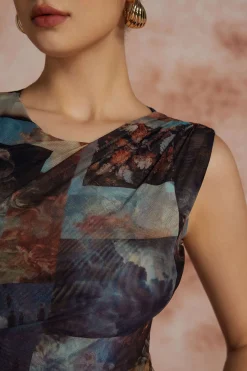 MICAS Bodysuits-Renaissance Print Sleeveless Mesh Bodysuit MULTICOLOR