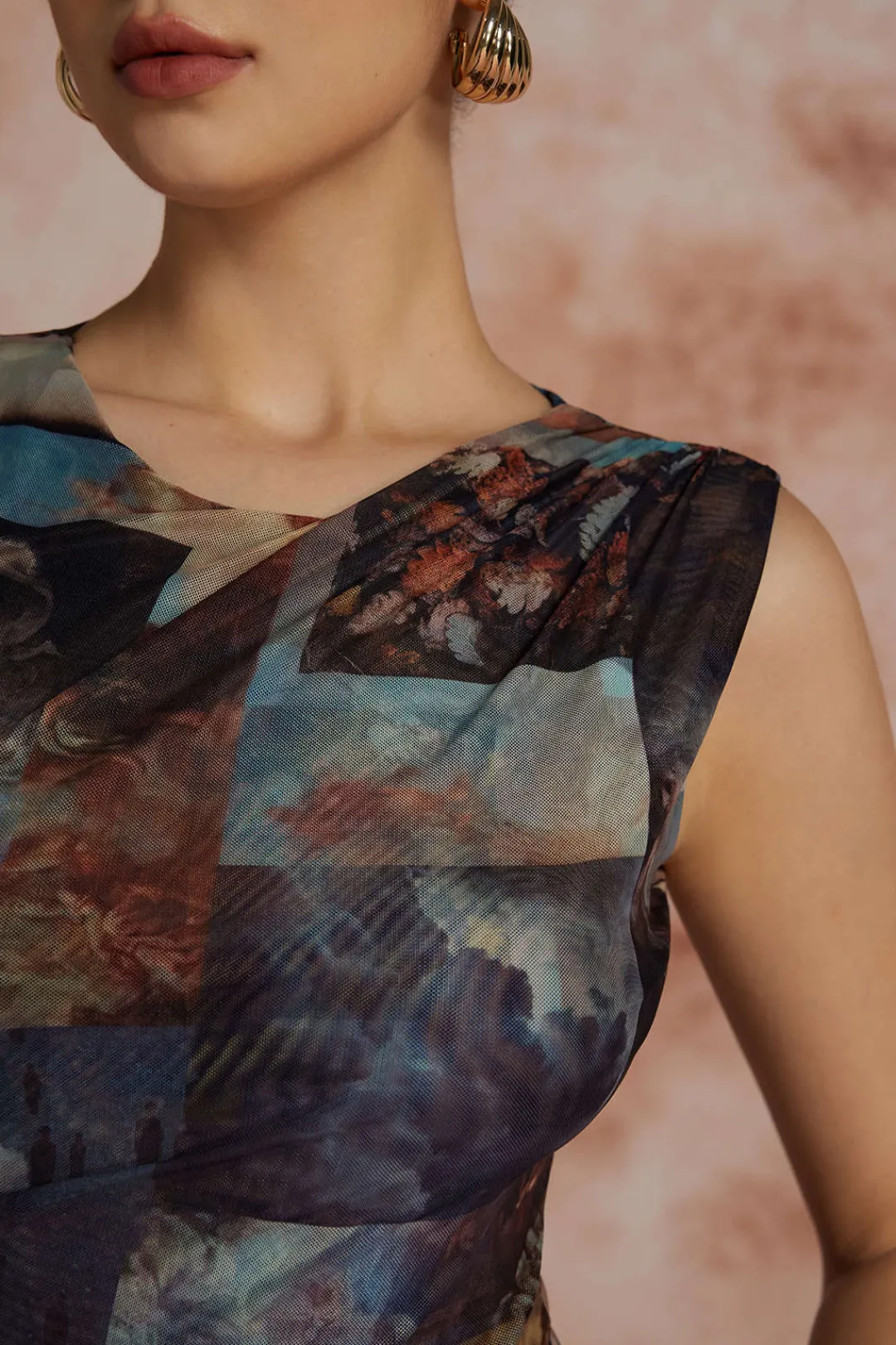 MICAS Bodysuits-Renaissance Print Sleeveless Mesh Bodysuit MULTICOLOR