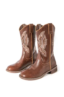 MICAS Shoes|Boots-Retro Embroidered Faux Leather Chunky Heel Mid Calf Boots BROWN