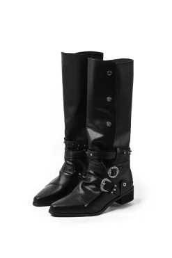 MICAS Shoes|Boots-Retro Faux Leather Studded Pointed Toe Knee High Boots BLACK