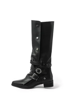 MICAS Shoes|Boots-Retro Faux Leather Studded Pointed Toe Knee High Boots BLACK