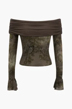 MICAS Long Sleeve Tops|Long Sleeves Tops-Retro Floral Bell Sleeve Long-Sleeve Top BROWN