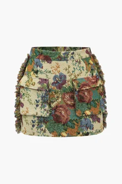 MICAS Skirts-Retro Floral Print Fringe Zipper Mini Skirt KHAKI