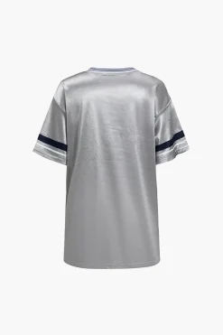 MICAS T-Shirts-Retro Print Contrast Binding V-Neck T-Shirt SILVER