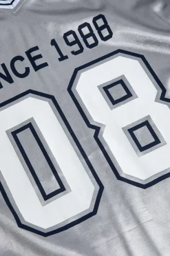 MICAS T-Shirts-Retro Print Contrast Binding V-Neck T-Shirt SILVER