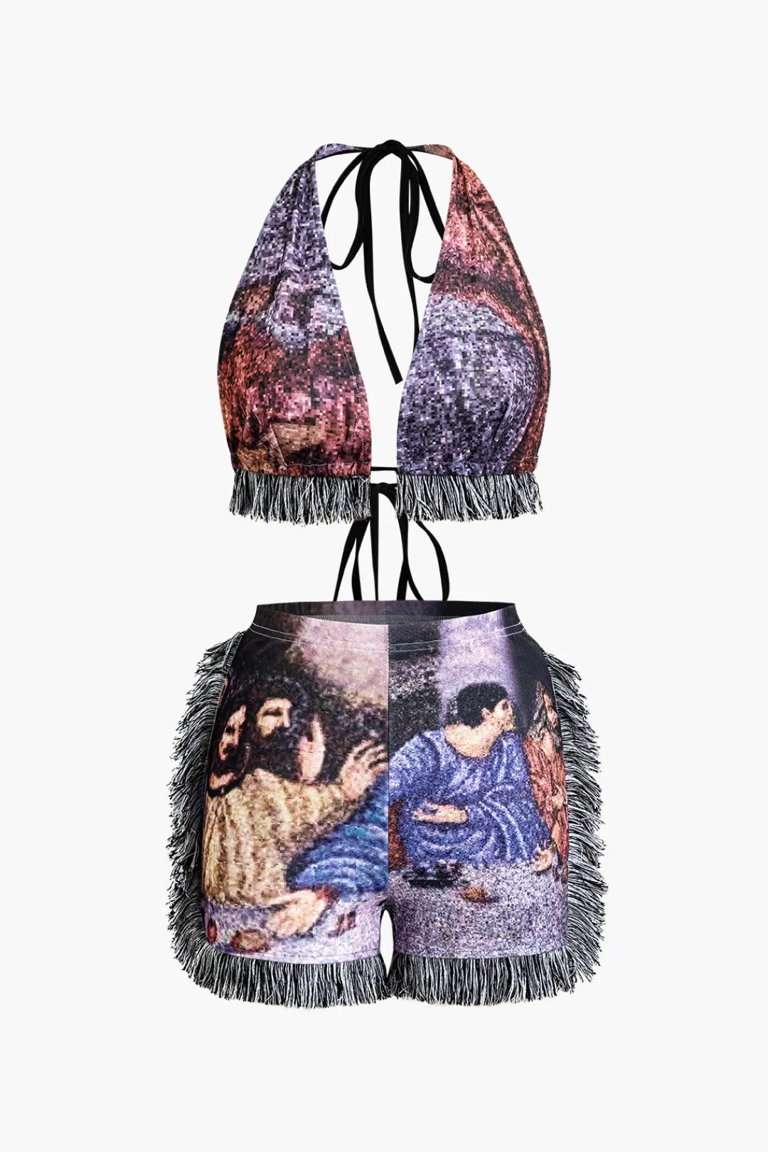 MICAS Short Sets-Retro Print Halter Backless Fringe Shorts Set MULTICOLOR