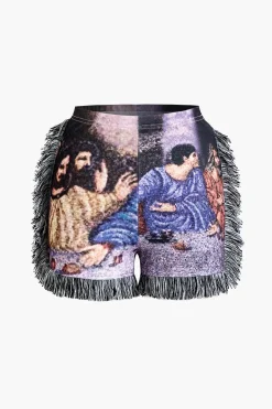 MICAS Short Sets-Retro Print Halter Backless Fringe Shorts Set MULTICOLOR