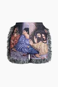 MICAS Short Sets-Retro Print Halter Backless Fringe Shorts Set MULTICOLOR