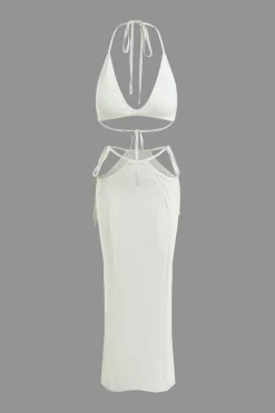 MICAS Knit Sets-Reversible Halter V-neck Crochet Cami Top And Skirt Set WHITE