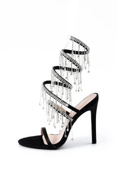 MICAS Shoes|Shoes-Rhinestone Chain Round Toe Heels BLACK