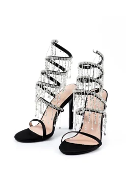 MICAS Shoes|Shoes-Rhinestone Chain Round Toe Heels BLACK