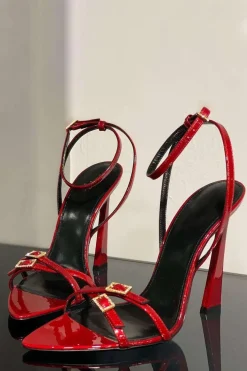 MICAS Shoes|Shoes-Rhinestone Embellished Artificial Patent Leather Cross Strap Open Toe High Heels