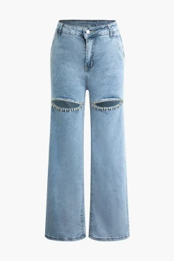 MICAS Pants-Rhinestone Embellished Cut Out Straight Leg Jeans LIGHT WASH BLUE