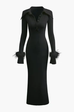 MICAS Long Sleeve Dresses|Knitwear-Rib Knit Button Collar Fluffy Cuff Maxi Dress