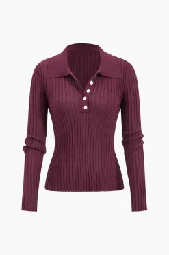 MICAS Long Sleeve Tops|Long Sleeves Tops-Ribbed Button Long-Sleeve Top BURGUNDY
