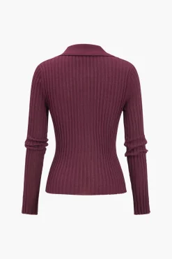 MICAS Long Sleeve Tops|Long Sleeves Tops-Ribbed Button Long-Sleeve Top BURGUNDY