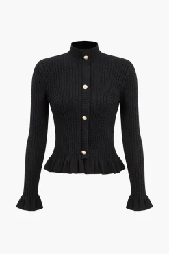 MICAS Knitwear|Knit Tops-Ribbed Knit Button-Up Peplum Sweater BLACK