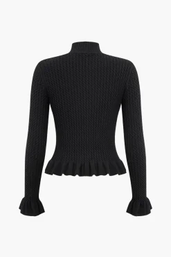 MICAS Knitwear|Knit Tops-Ribbed Knit Button-Up Peplum Sweater BLACK