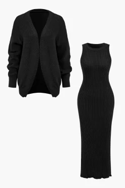 MICAS Knitwear|Knit Sets-Ribbed Knit Dress And Cardigan Set
