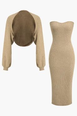 MICAS Long Sleeve Dresses|Knitwear-Ribbed Knit Strapless Midi Dress And Bolero Set