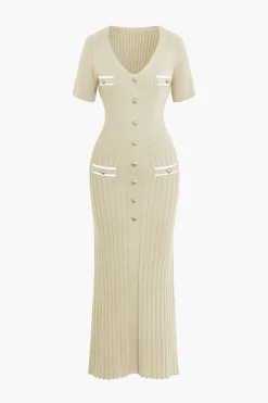 MICAS Knitwear|Knit Dresses-Ribbed Knit V-neck Midi Dress