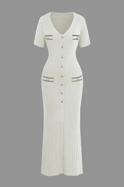 MICAS Knitwear|Knit Dresses-Ribbed Knit V-neck Midi Dress