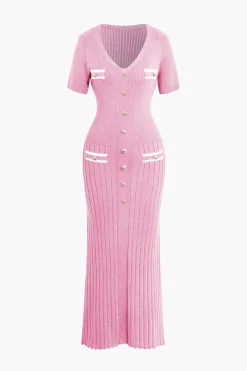 MICAS Knitwear|Knit Dresses-Ribbed Knit V-neck Midi Dress