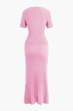 MICAS Knitwear|Knit Dresses-Ribbed Knit V-neck Midi Dress