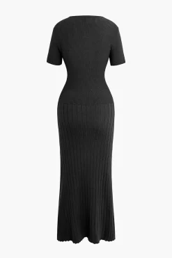 MICAS Knitwear|Knit Dresses-Ribbed Knit V-neck Midi Dress