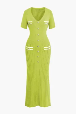 MICAS Knitwear|Knit Dresses-Ribbed Knit V-neck Midi Dress