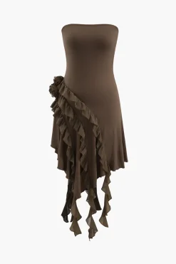 MICAS Midi Dresses-Rose Ruffle Strapless Mini Dress COFFEE