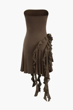 MICAS Midi Dresses-Rose Ruffle Strapless Mini Dress COFFEE