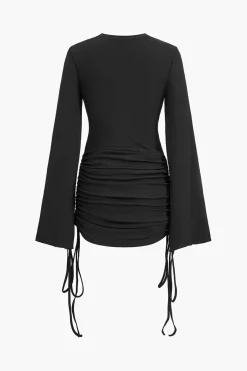 MICAS Long Sleeve Dresses|Mini Dresses-Round Neck Ruched Drawstring Bell Long Sleeve Mini Dress BLACK