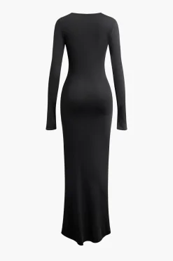 MICAS Long Sleeve Dresses|Maxi Dresses-Round Neck Ruched Slit Long Sleeve Maxi Dress BLACK