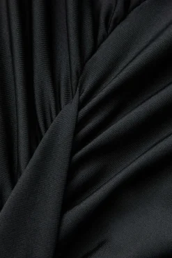 MICAS Long Sleeve Dresses|Maxi Dresses-Round Neck Ruched Slit Long Sleeve Maxi Dress BLACK