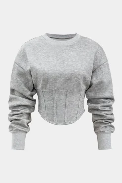 MICAS Skirt Sets-Round-Neck Corset Long-Sleeve Top And Skirt Set GRAY