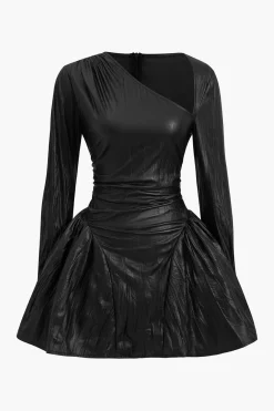 MICAS Long Sleeve Dresses|Mini Dresses-Ruched Asymmetrical Long Sleeve Mini Dress