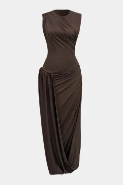 MICAS Maxi Dresses-Ruched Asymmetrical Maxi Dress COFFEE