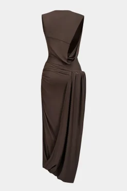 MICAS Maxi Dresses-Ruched Asymmetrical Maxi Dress COFFEE