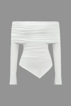 MICAS Long Sleeve Tops|Long Sleeves Tops-Ruched Asymmetrical Off Shoulder Long-Sleeve Top WHITE