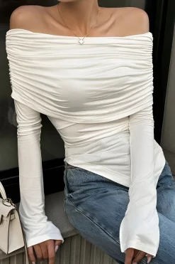 MICAS Long Sleeve Tops|Long Sleeves Tops-Ruched Asymmetrical Off Shoulder Long-Sleeve Top WHITE