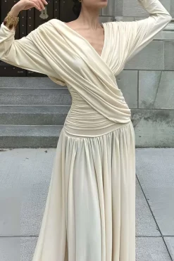 MICAS Long Sleeve Dresses|Maxi Dresses-Ruched Backless Maxi Dress BEIGE