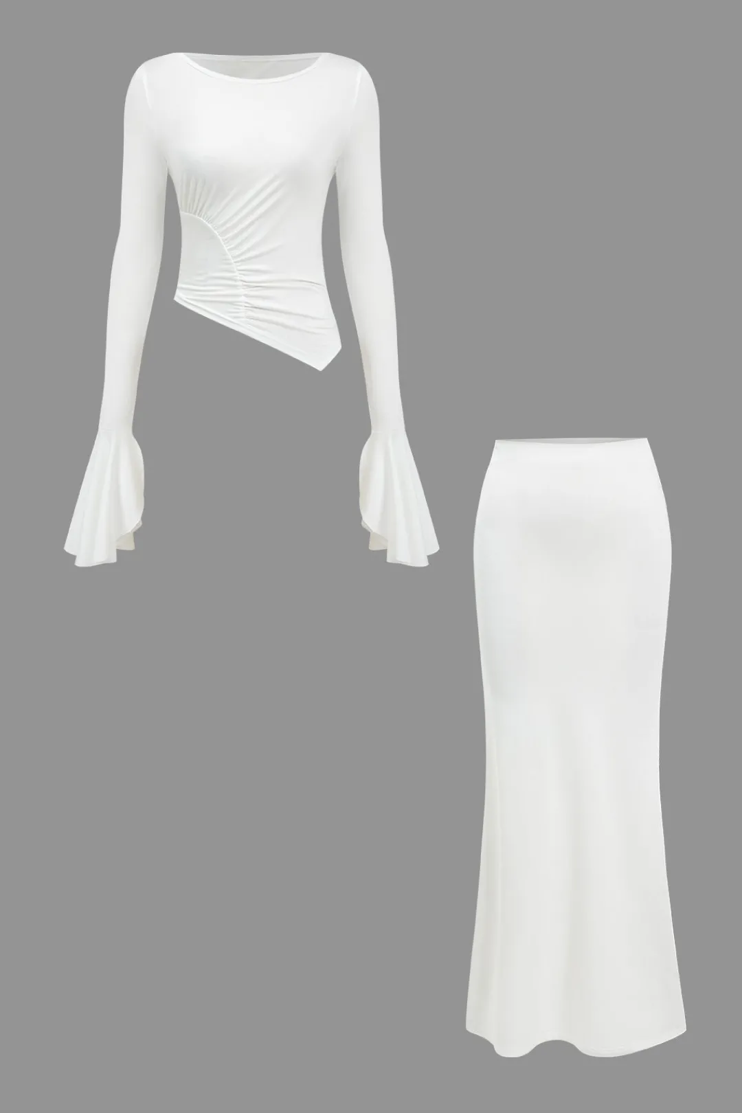 MICAS Skirt Sets-Ruched Bell Sleeve Top And Skirt Set