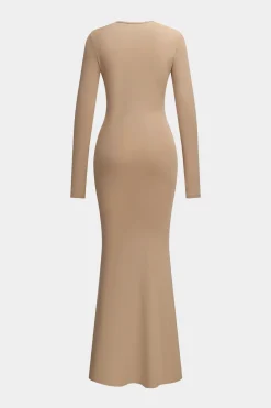 MICAS Long Sleeve Dresses|Maxi Dresses-Ruched Bow Round Neck Long Sleeve Maxi Dress KHAKI