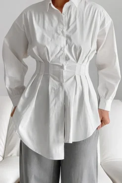 MICAS Long Sleeve Tops|Long Sleeves Tops-Ruched Button Long-Sleeve Shirt WHITE
