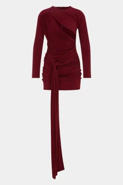 MICAS Long Sleeve Dresses|Mini Dresses-Ruched Cut Out Long Sleeve Mini Dress BURGUNDY