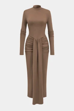 MICAS Long Sleeve Dresses|Maxi Dresses-Ruched Detail Long Sleeve Maxi Dress KHAKI