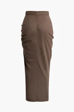 MICAS Skirts-Ruched Drawstring Split Skirt BROWN
